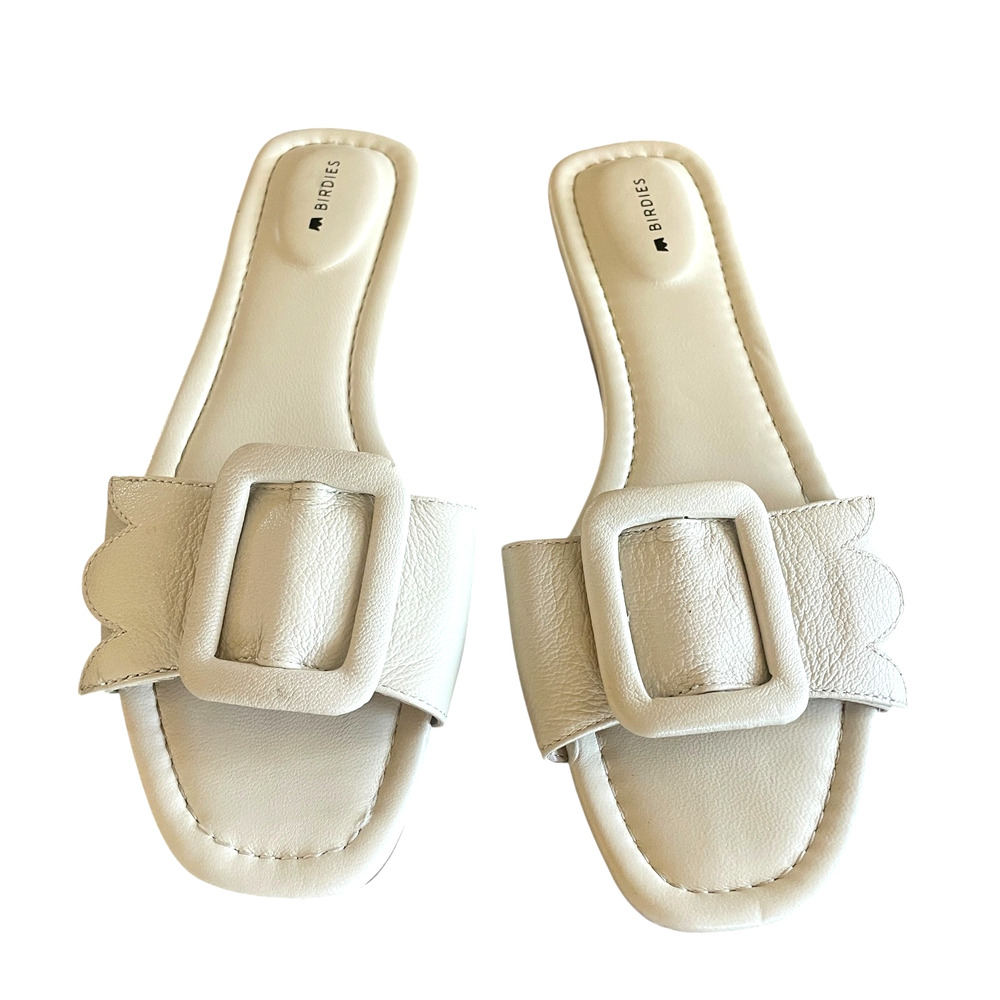BIRDIES The Kiwi Size 8.5 Cream Leather Buckle Slip-On Comfort Slide Sandals